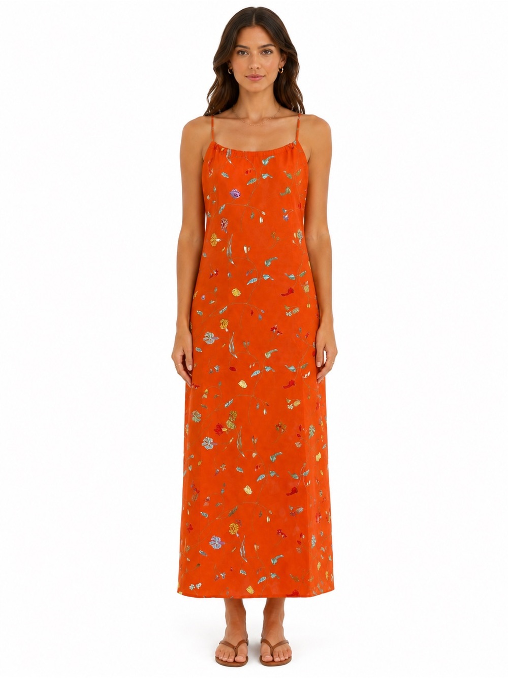 Vanessa Bruno Paris Orange Floral 100% Cotton Midi Dress Sz 36 Romantic Festival